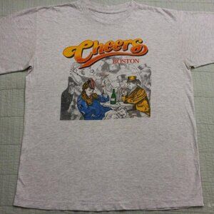 Vtg 1992 Softee Gray Heather Cheers Boston Graphic Single Stitch T Shirt retro